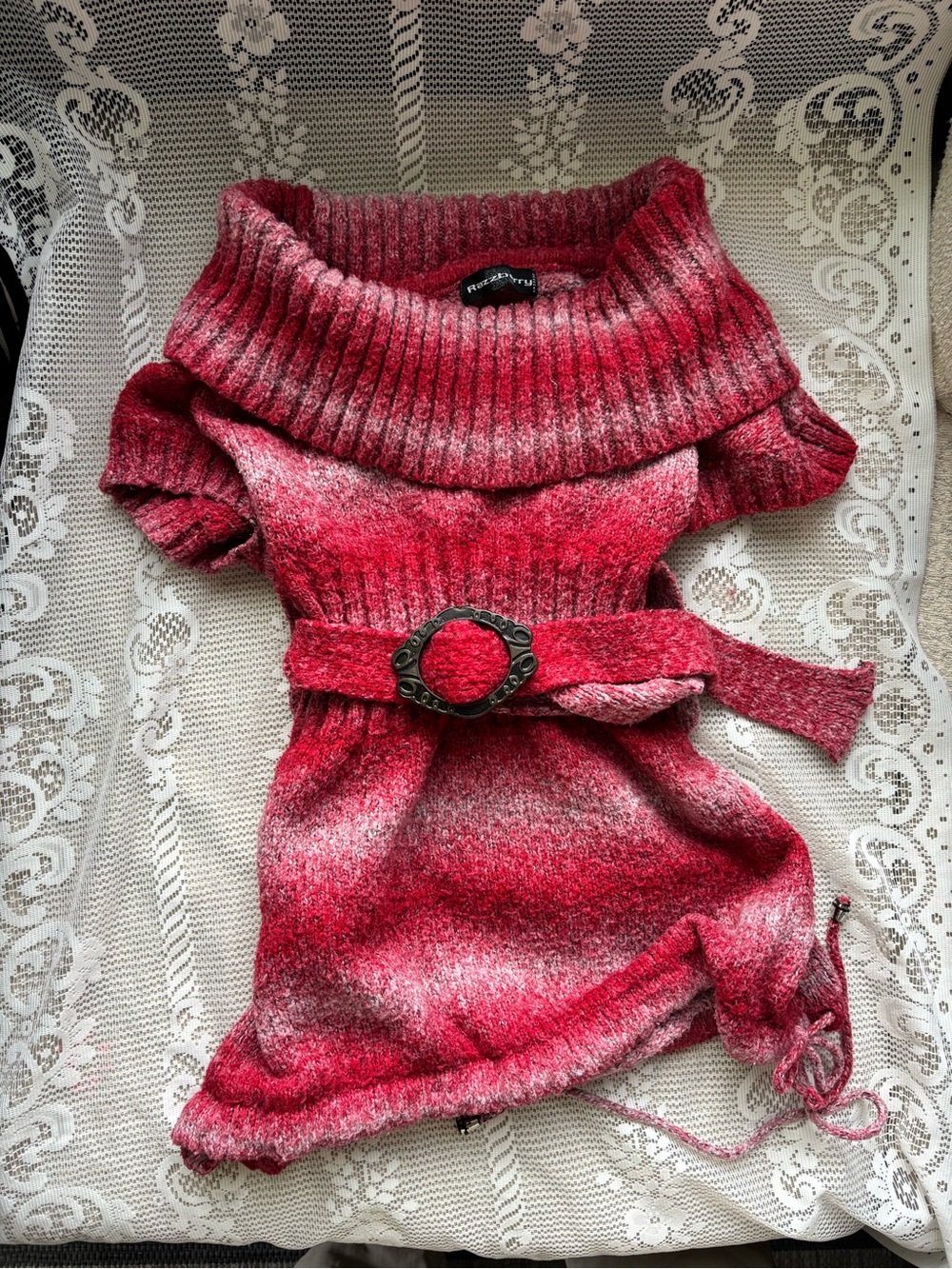 Faded Red Off-Shoulder Belted Sweater